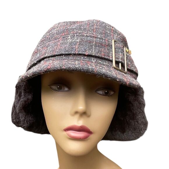 Nobis Plaid Tweed Faux Fur Ear Flaps Trapper Hat Cap Gray Red Winter Warm NWT main image 12